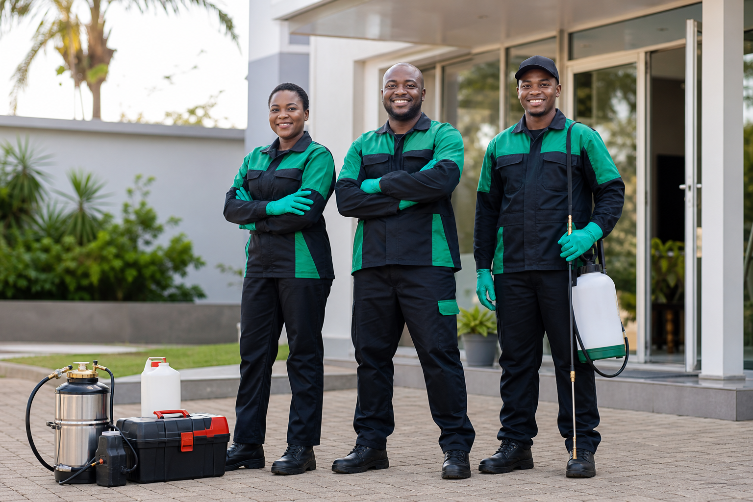 Professional pest-control services team with equipment outside a commercial facility
