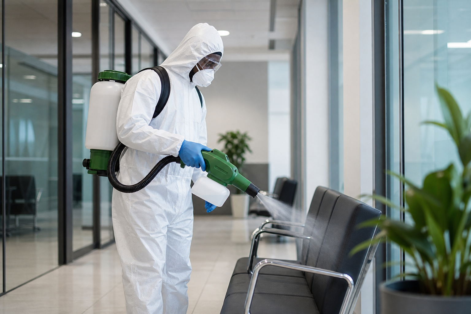 PPE technician disinfecting a clean office corridor