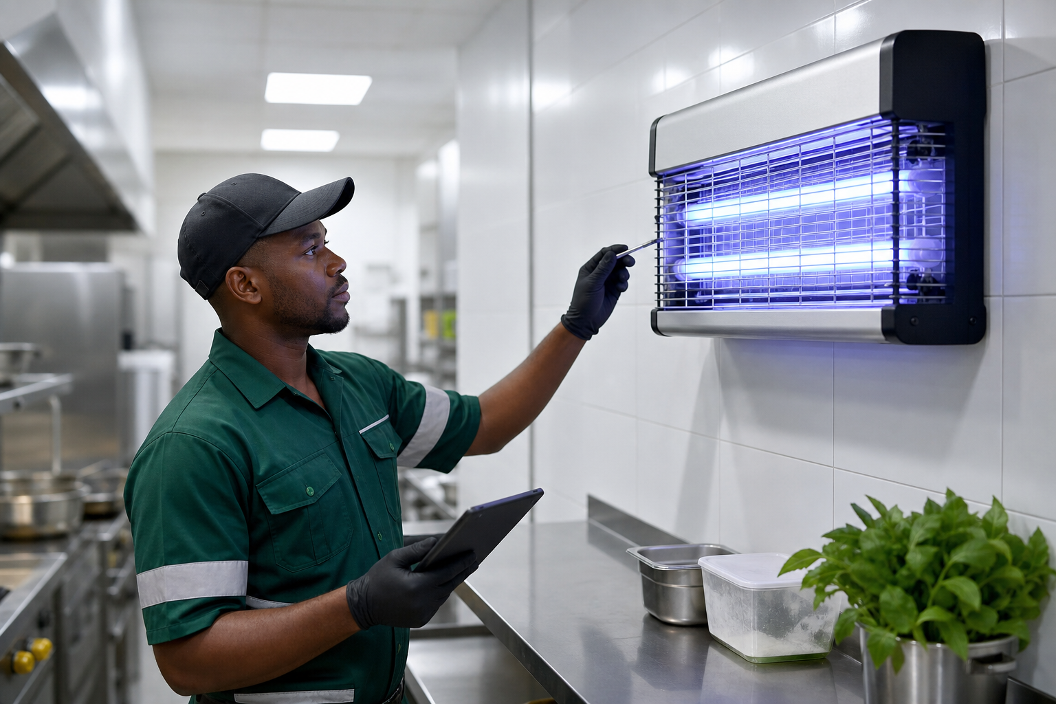 Modern electric insect control unit being checked by a technician