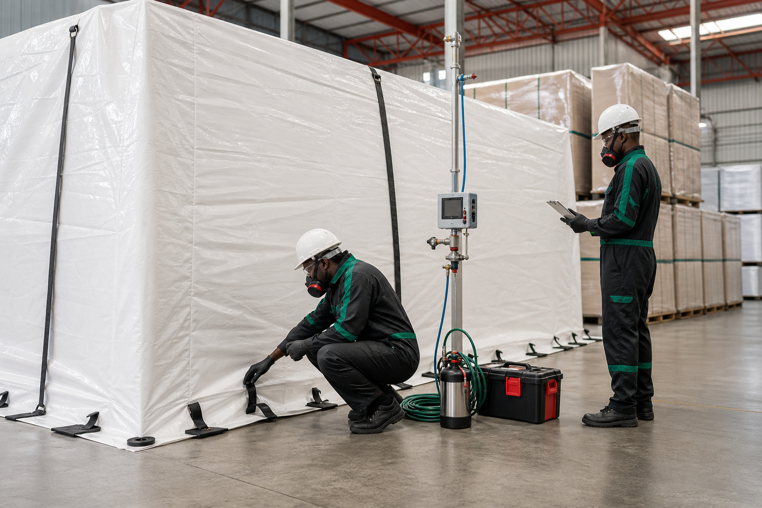 Technicians checking a sealed tarpaulin fumigation setup in a warehouse