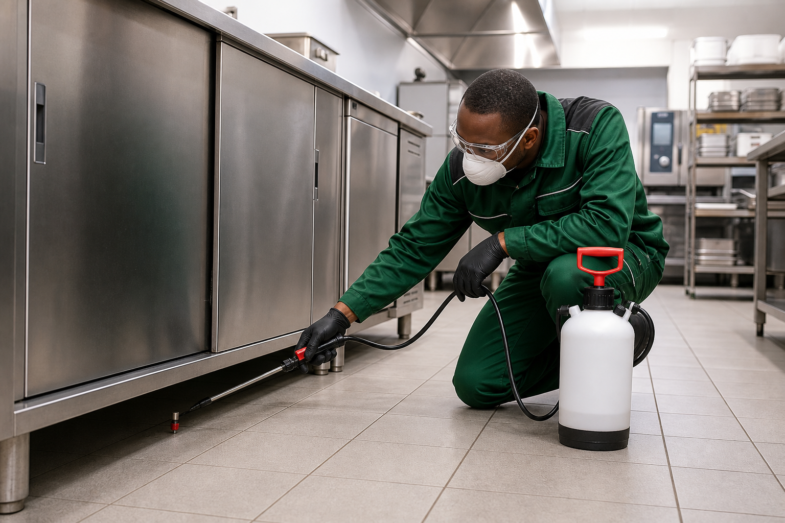 Technician applying safe targeted pest-control treatment indoors
