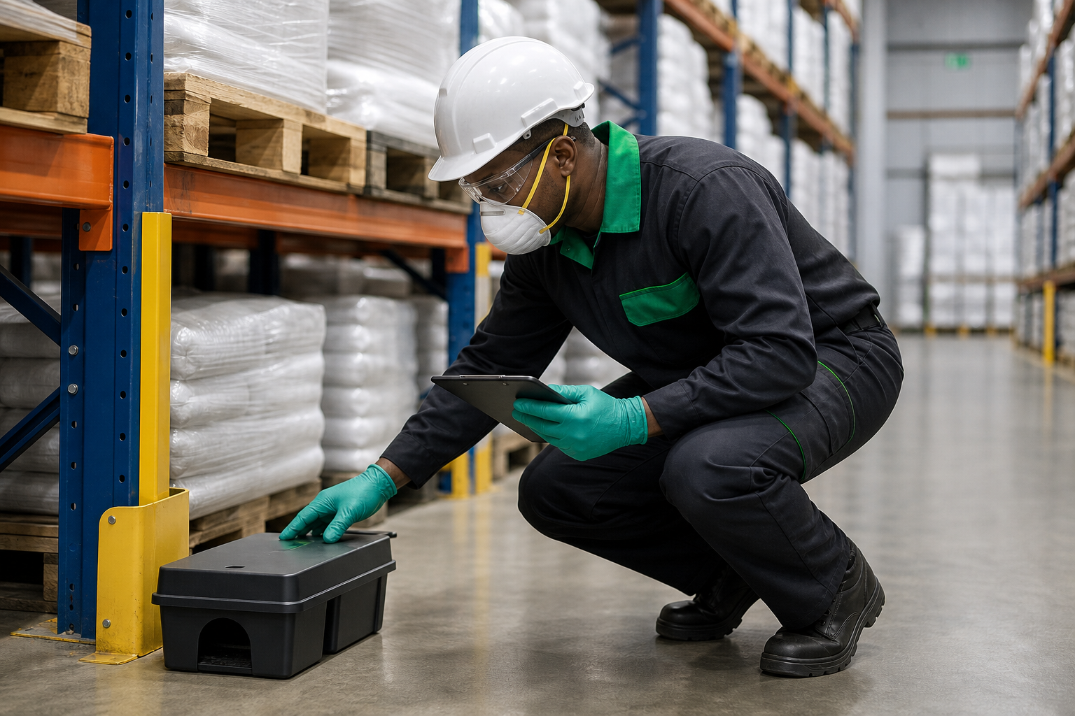 Technician inspecting a pest monitoring station in a clean warehouse